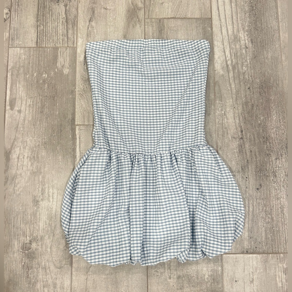 Blue and White Gingham Bubble Skirt Strapless Dress